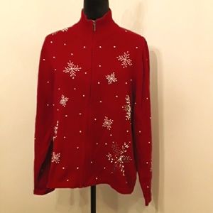 Norm Thompson Red Zip Up cardigan with Beaded Snowflakes L